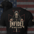 Infidel death mask knight with No Mercy Given design back print black tee from Infidel Collective