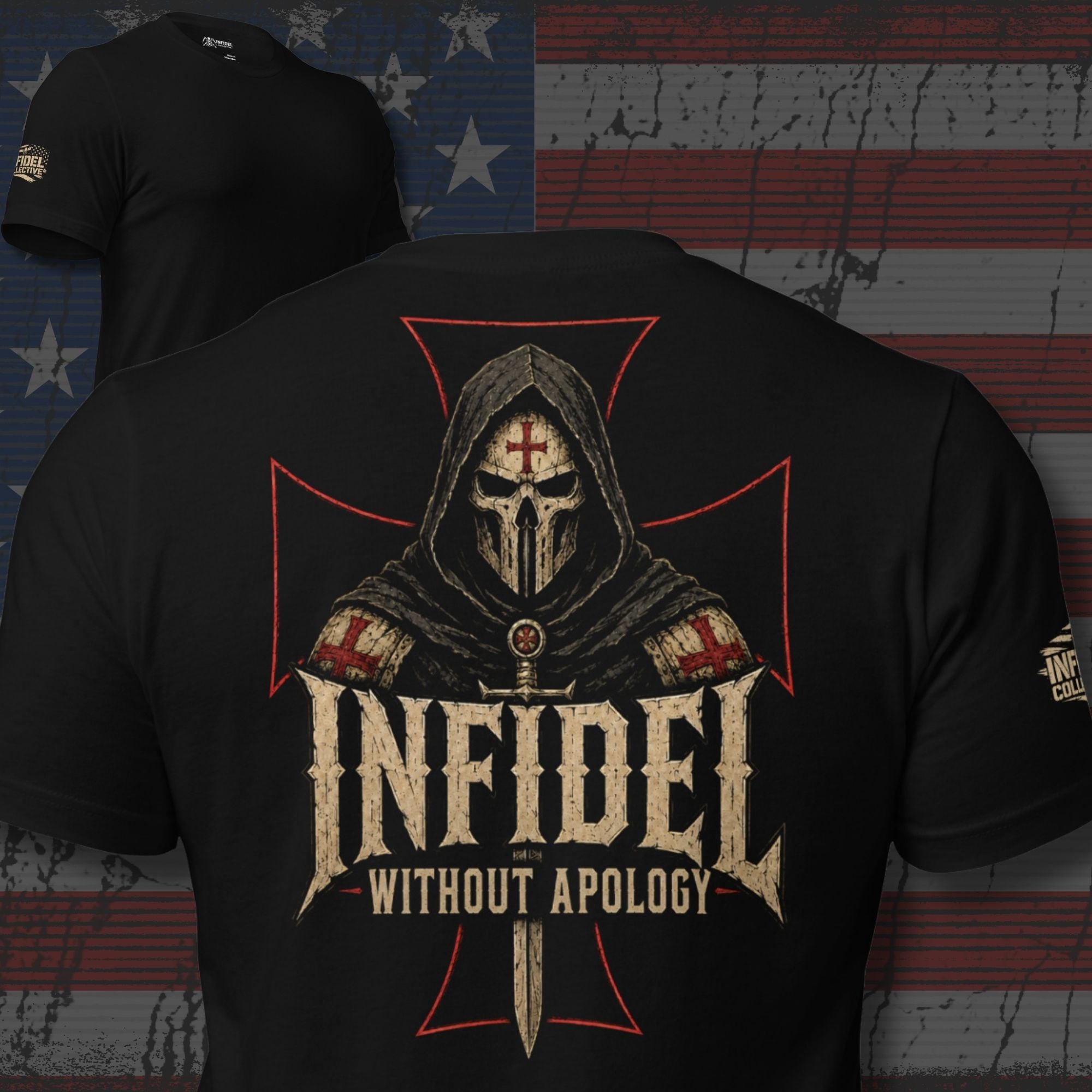 Infidel Without Apology death mask iron cross back print black tee from Infidel Collective