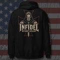 Pullover hoodie featuring the Infidel Without Apology Hooded Knight graphic, featured product view