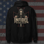 Black hoodie with 'Infidel Without Apology' design on a distressed American flag background