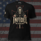 Black t-shirt with 'Infidel No Apology' design on a textured American flag background