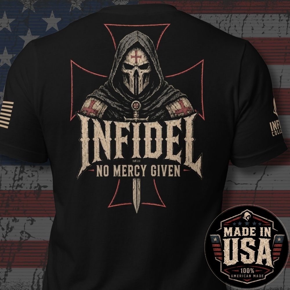 USA Made Death Mask Infidel No Mercy Given Back Print Tee