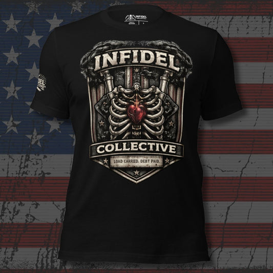 Black t-shirt with 'Infidel Collective' graphic design on a distressed American flag background