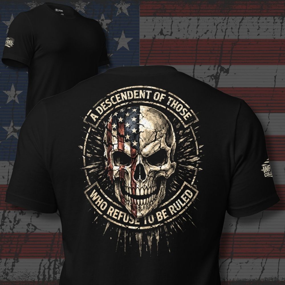 Black t-shirt with skull design and text on the back, displayed against a flag background.