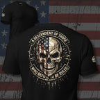 Black t-shirt with skull design and text on the back, displayed against a flag background.