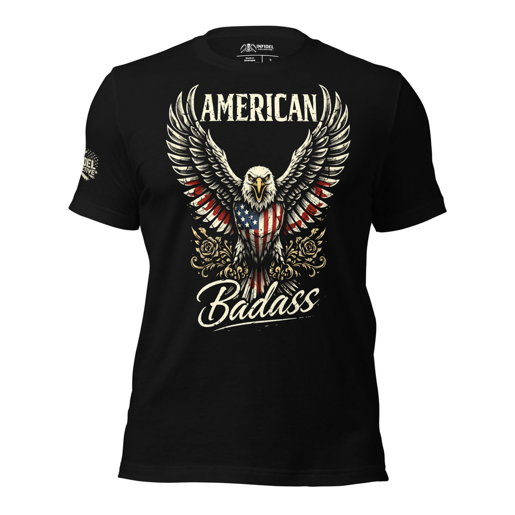 Black t-shirt with an eagle and 'American Badass' design on a white background