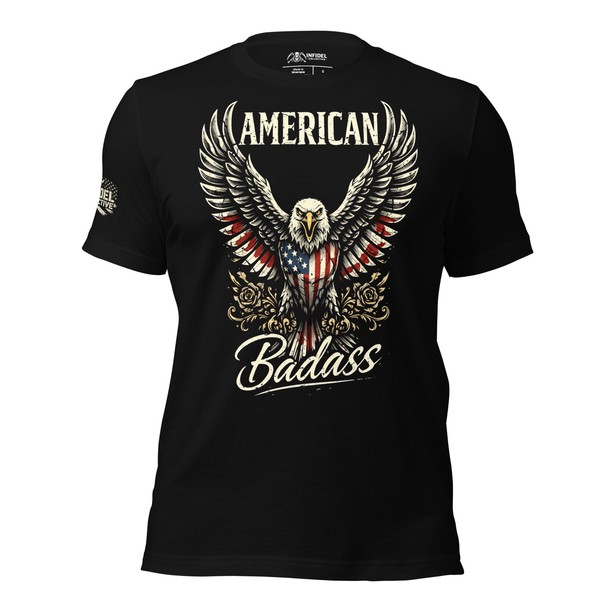 Black t-shirt with an eagle and 'American Badass' design on a white background