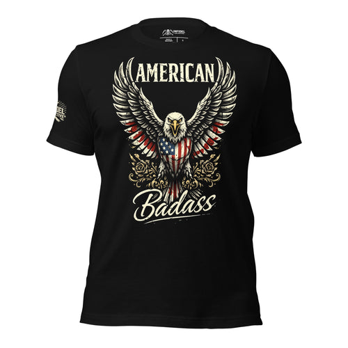 Front view of black tee featuring spread-wing bald eagle with American flag shield and American Badass text