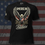 Black t-shirt with an eagle design and 'American Badass' text on a flag background