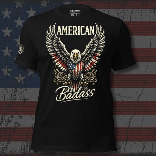 spread-wing bald eagle with American flag shield and American Badass text front print black tee from Infidel Collective