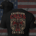 Crimson Cross Infidel shield with red cross and battle axes design back print black tee from Infidel Collective