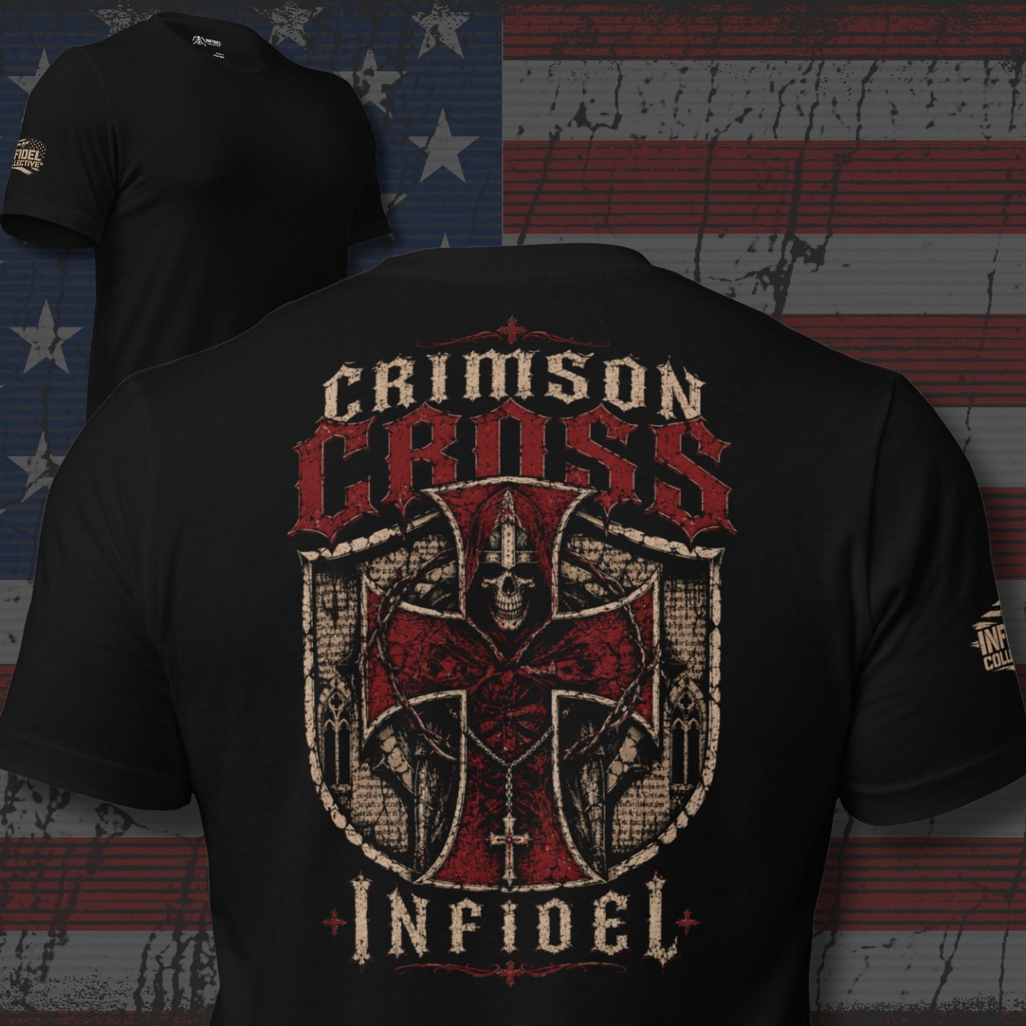 Crimson Cross Infidel back print black tee from Infidel Collective