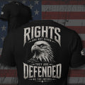 bald eagle with Rights Are Not Given They Are Defended text back print black tee from Infidel Collective