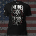Infidel Defiance Runs Deep skull with red fracture marks design front print black tee from Infidel Collective