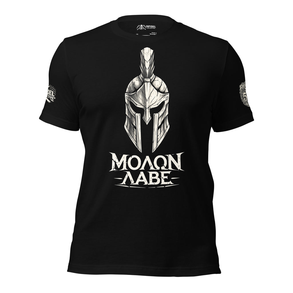 Black t-shirt with white graphic design and 'MOLON LABE' text on a white background - F50 version