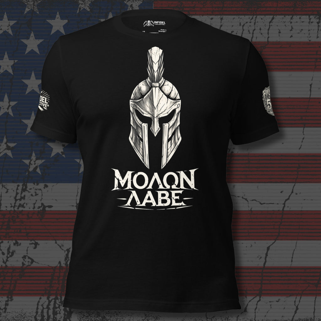 Black t-shirt with Spartan helmet design and 'Molon Labe' text on a distressed American flag background.