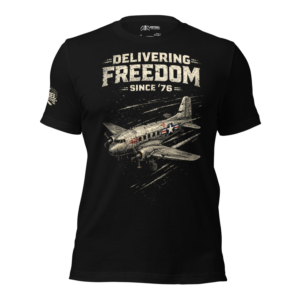 Black t-shirt with airplane graphic and 'Delivering Freedom Since '76' text on a white background