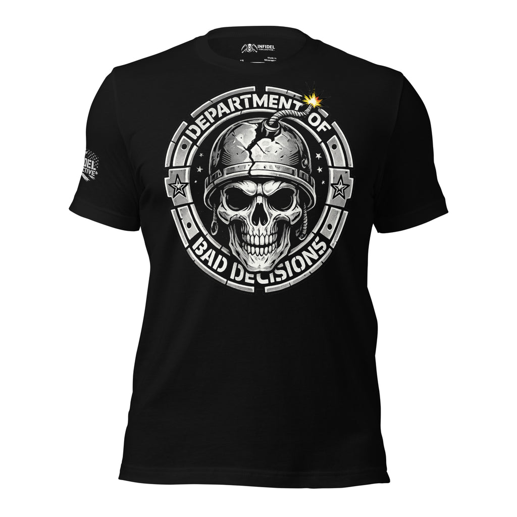Black tee with Department of Bad Decisions front print featuring a skull wearing a combat helmet with a lit fuse