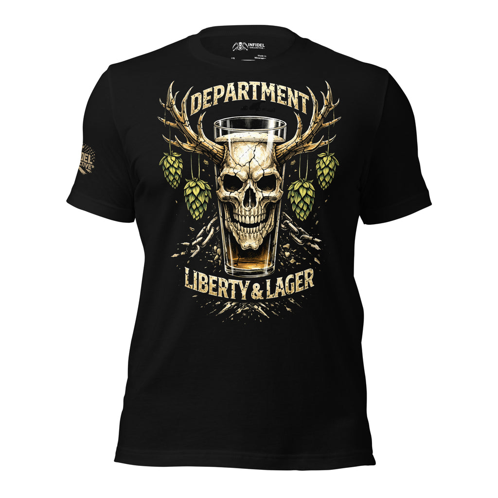 Black front print t-shirt featuring skull pint glass with antlers, hops, and Department of Liberty and Lager graphic