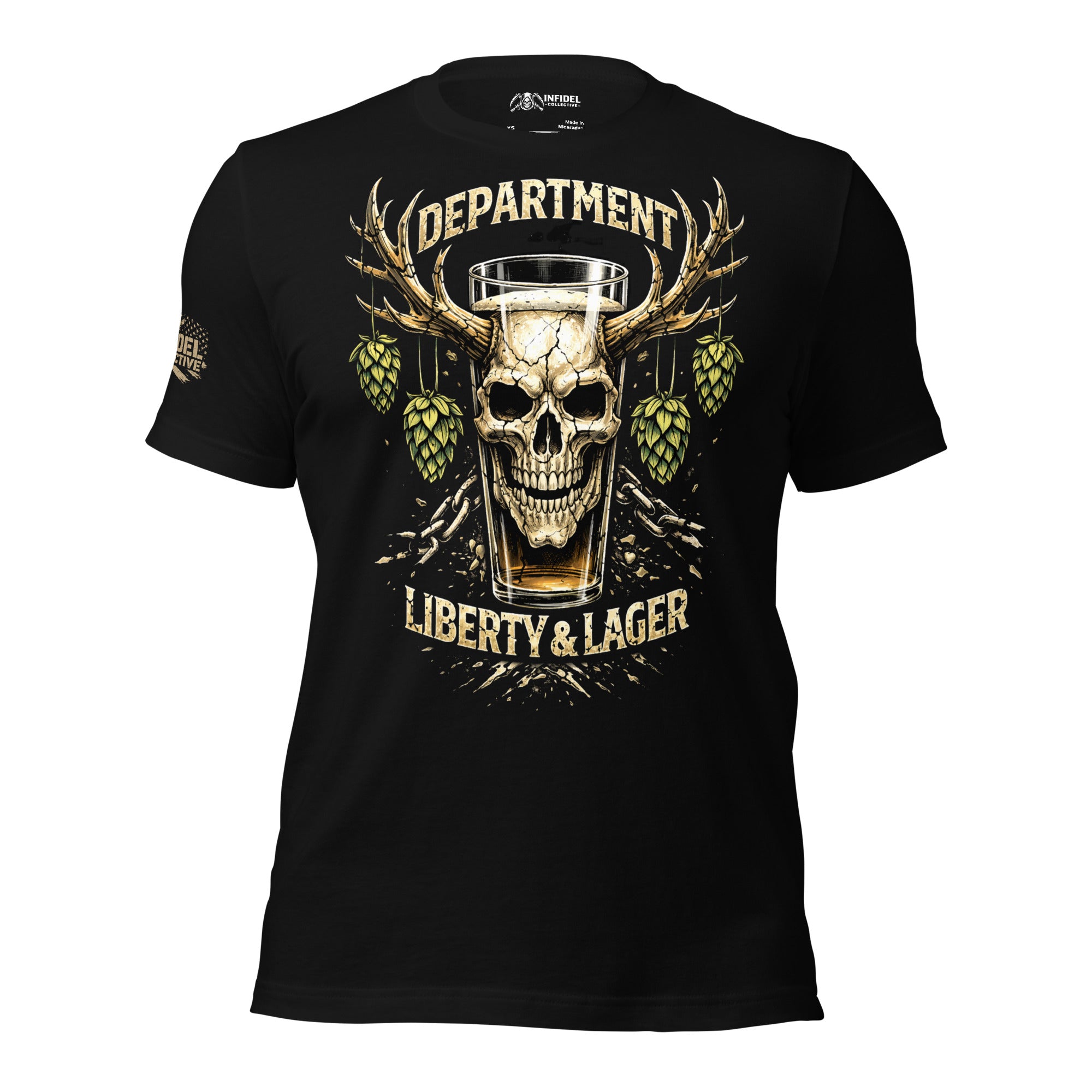 Black front print t-shirt featuring skull pint glass with antlers, hops, and Department of Liberty and Lager graphic