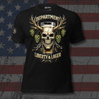 Black front print t-shirt featuring skull pint glass with antlers, hops, and Department of Liberty and Lager graphic