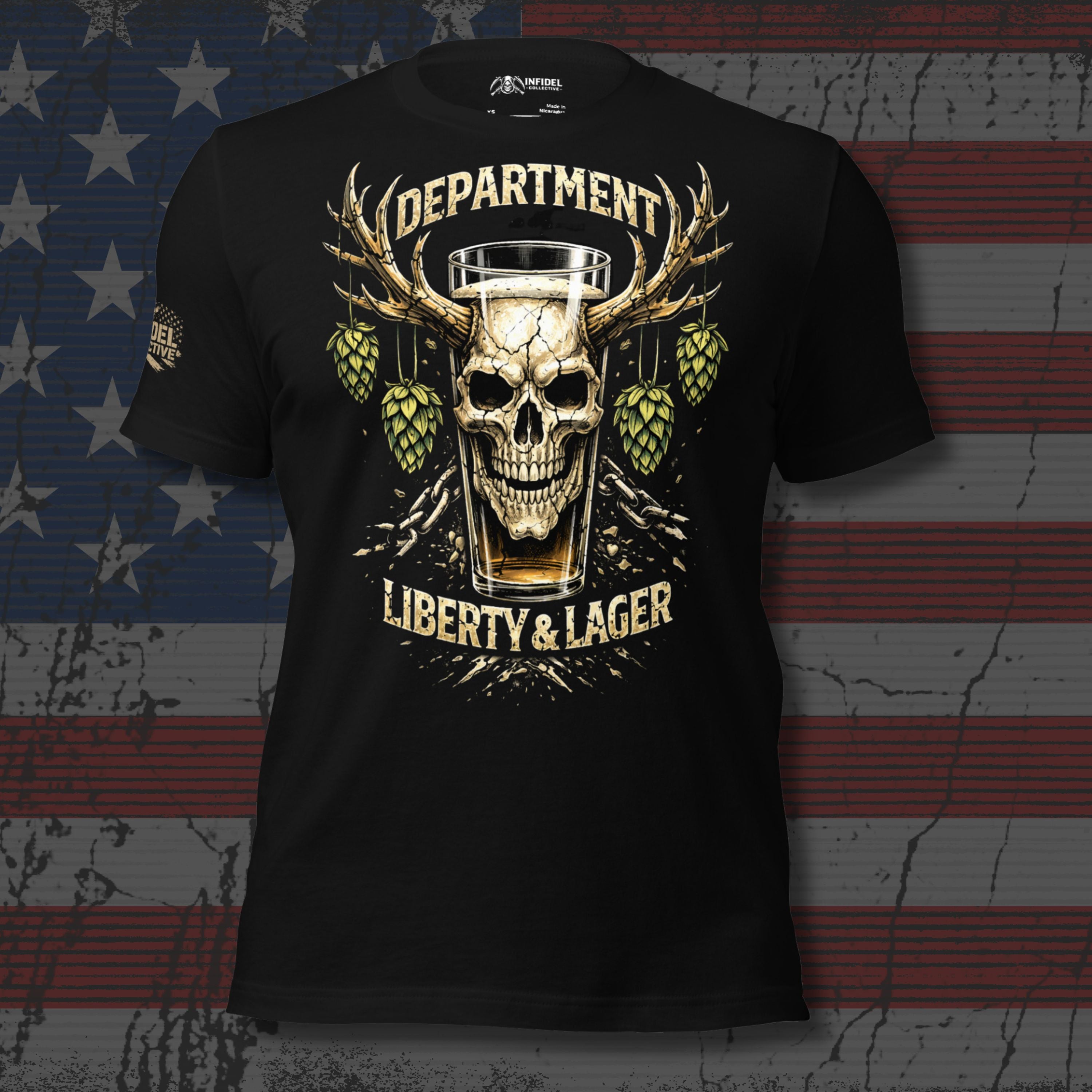Black front print t-shirt featuring skull pint glass with antlers, hops, and Department of Liberty and Lager graphic