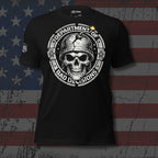 Black t-shirt with skull and helmet graphic design on a distressed American flag background