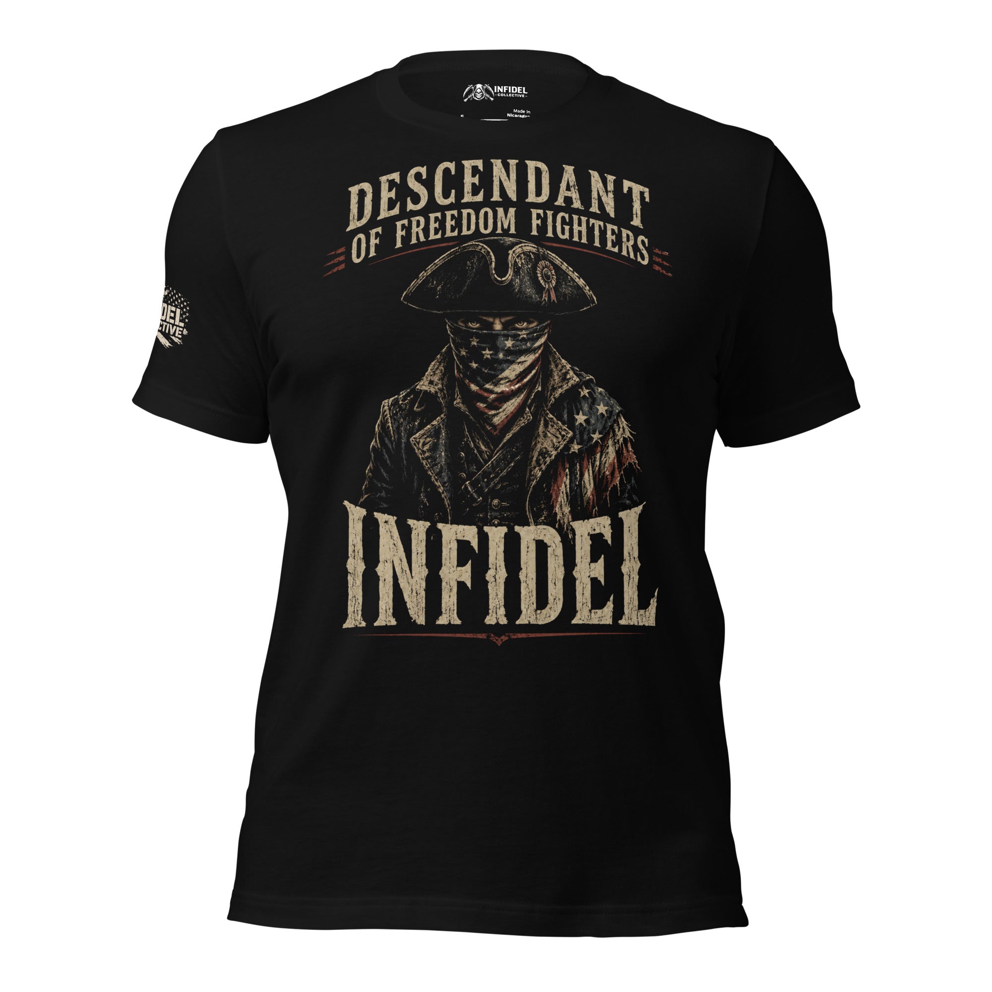 Descendant of Freedom Fighters Infidel front graphic black tee from Infidel Collective