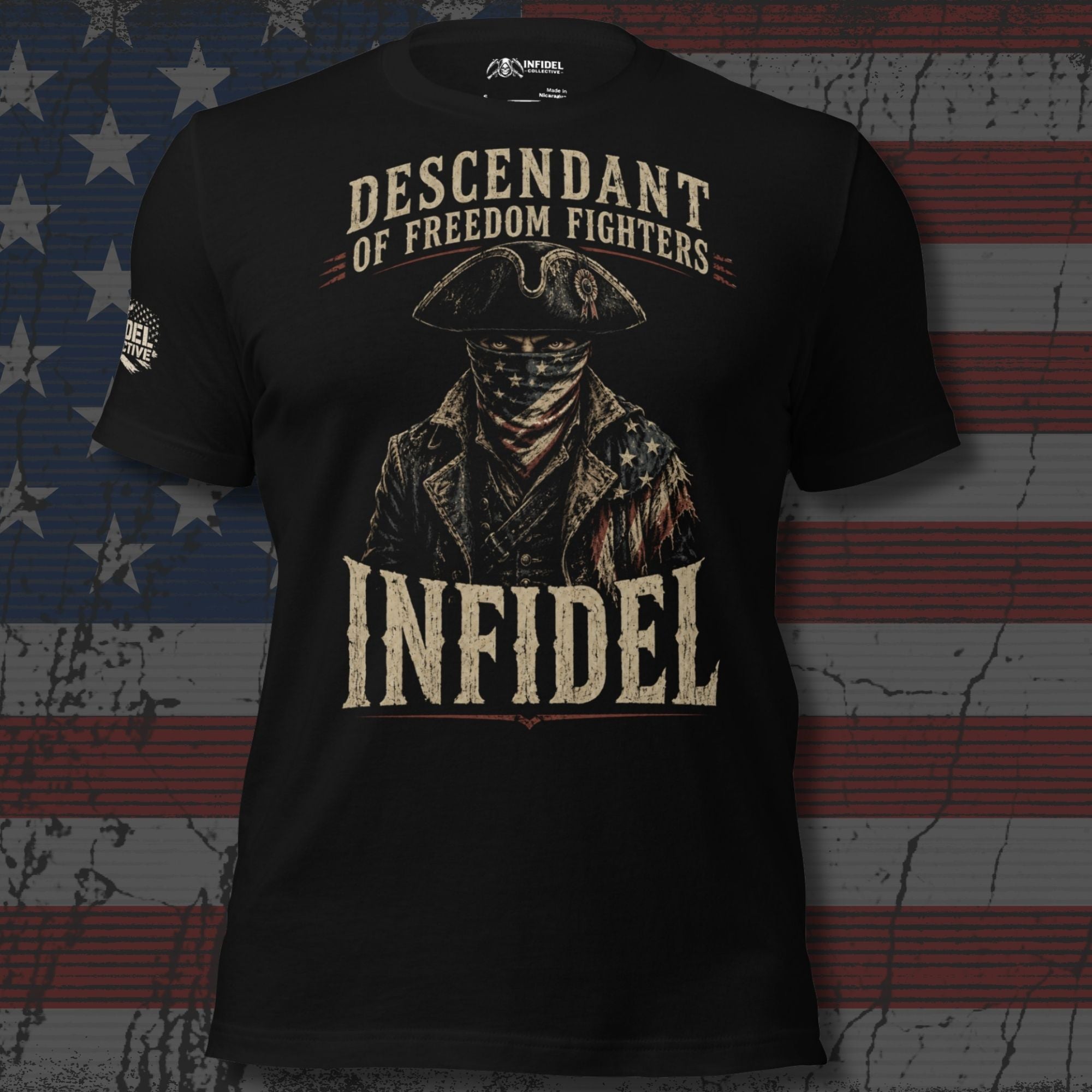 Descendant of Freedom Fighters Infidel front graphic black tee from Infidel Collective