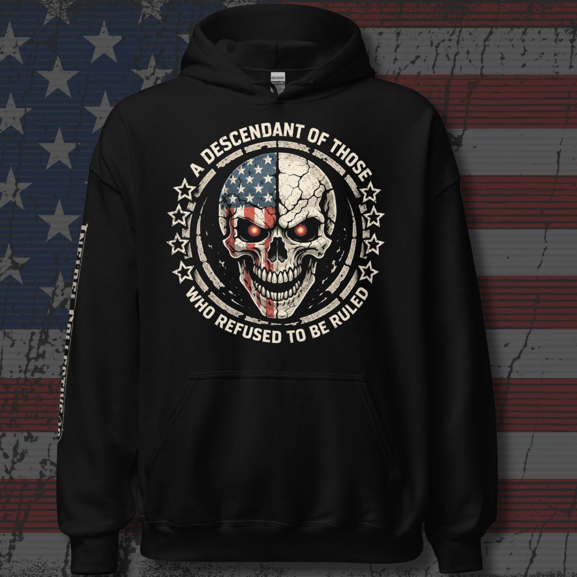 Descendant of the Unruled skull American flag front print black hoodie from Infidel Collective