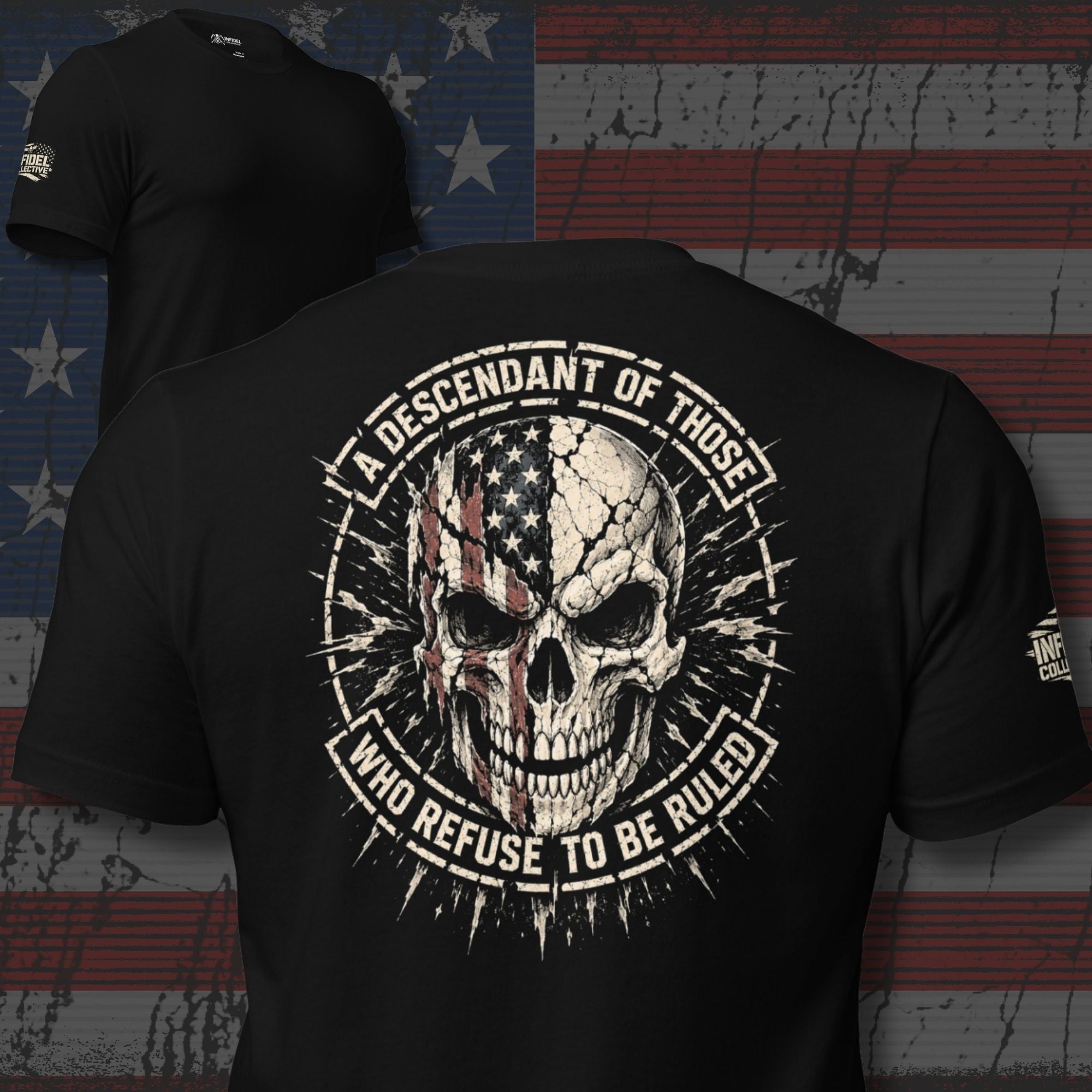 Descendant of the Unruled skull American flag back print black tee from Infidel Collective