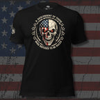 Black t-shirt with skull design and text on an American flag background