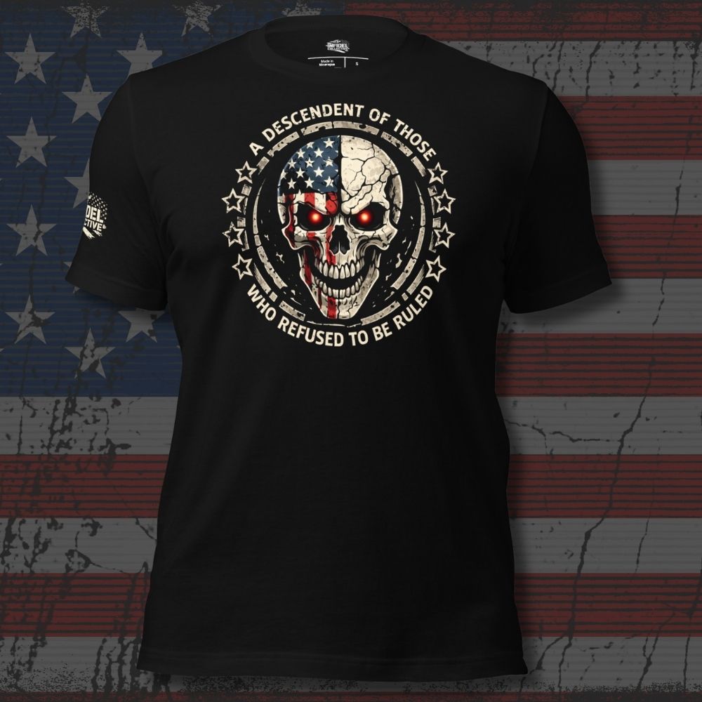Black t-shirt with skull design and text on an American flag background