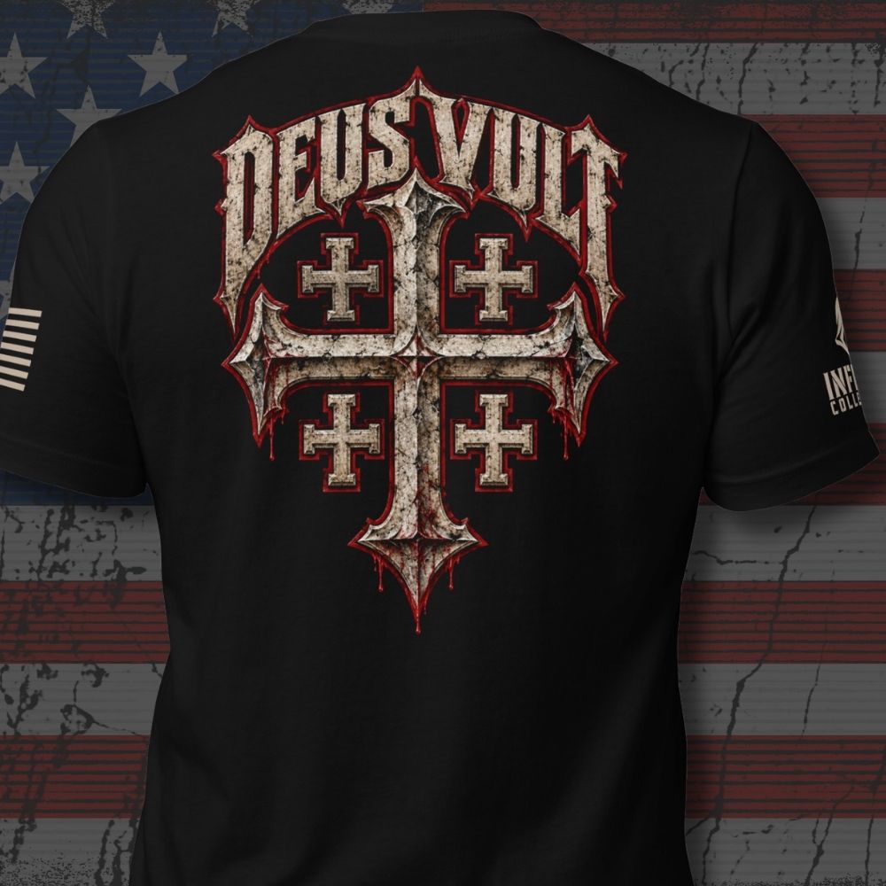 Deus Vult Jerusalem Cross back-print artwork on black T-shirt
