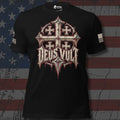 Deus Vult Jerusalem cross artwork on a black T-shirt