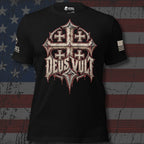 Deus Vult Jerusalem cross artwork on a black T-shirt