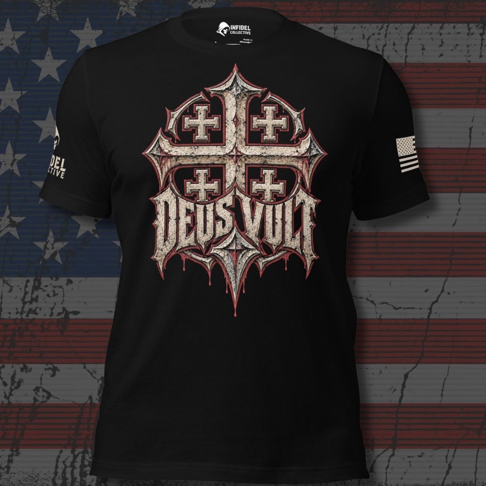 Deus Vult Jerusalem cross artwork on a black T-shirt