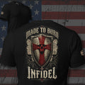 Made to Burn Infidel red cross shield with Deus Vult scripture design back print black tee from Infidel Collective