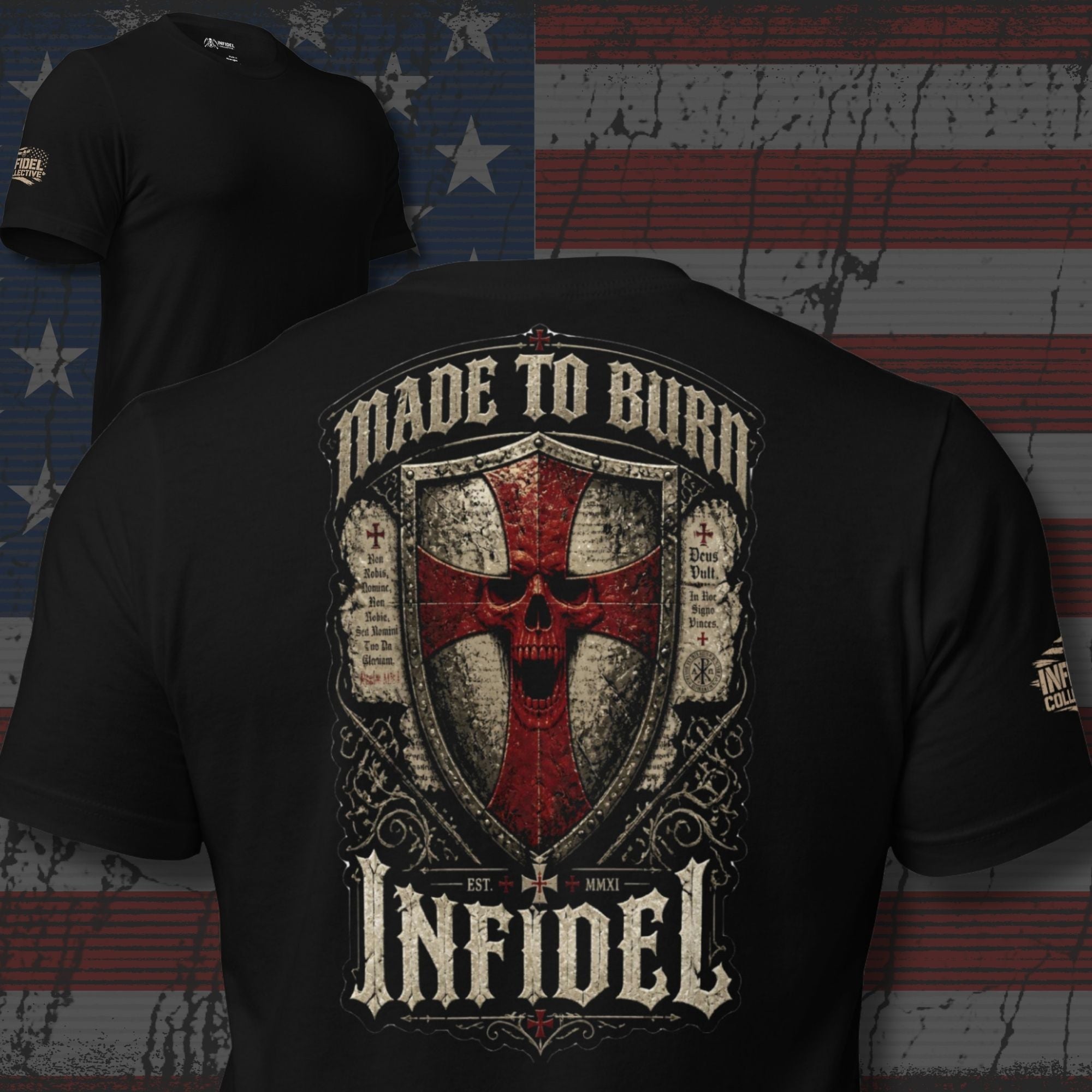 Made to Burn Infidel shield cross back print black tee from Infidel Collective