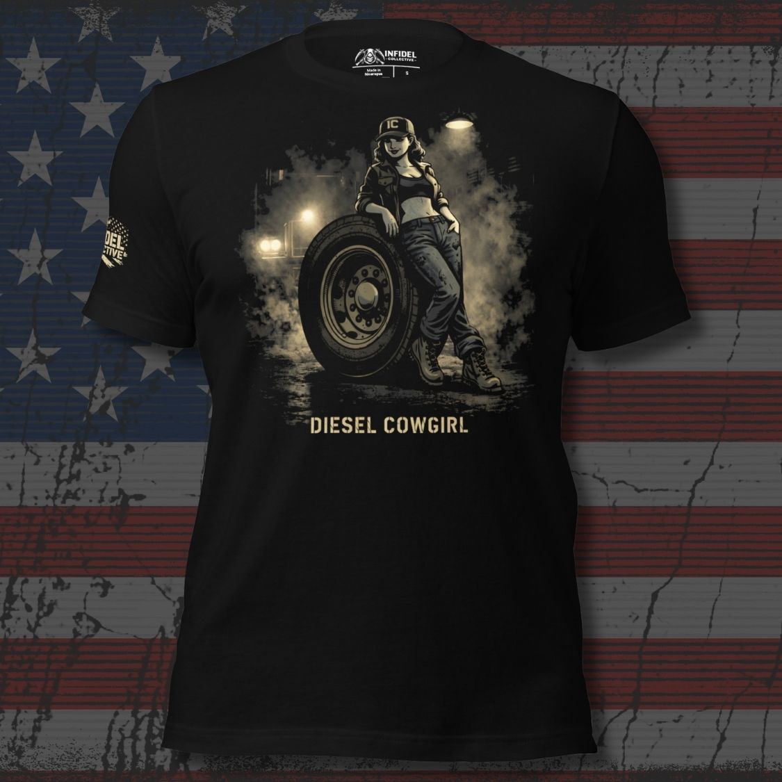 Black t-shirt with 'Diesel Cowgirl' graphic design on an American flag background