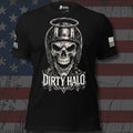 A black short-sleeve graphic T-shirt featuring a large white and gray skull wearing a military-style helmet with the words 'DIRTY HALO' below it. The shirt is shown against a distressed American flag background.