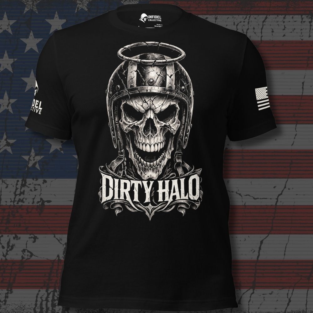A black short-sleeve graphic T-shirt featuring a large white and gray skull wearing a military-style helmet with the words 'DIRTY HALO' below it. The shirt is shown against a distressed American flag background.