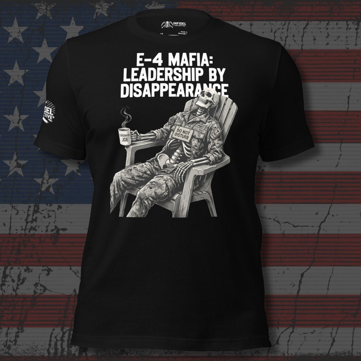 E-4 Mafia Leadership By Disappearance front print tee with skeleton in military uniform sitting in a chair holding a coffee mug on black shirt
