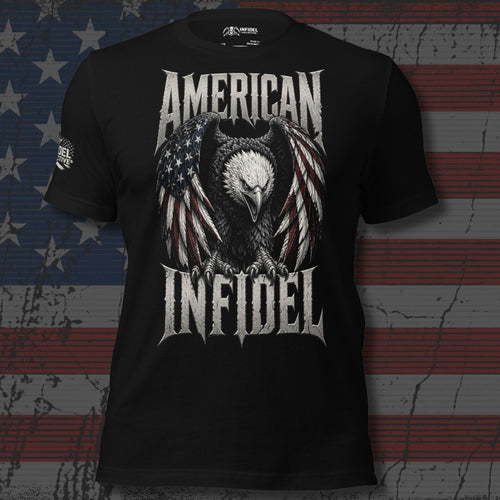 bald eagle draped in the American flag with American Infidel text front print black tee from Infidel Collective