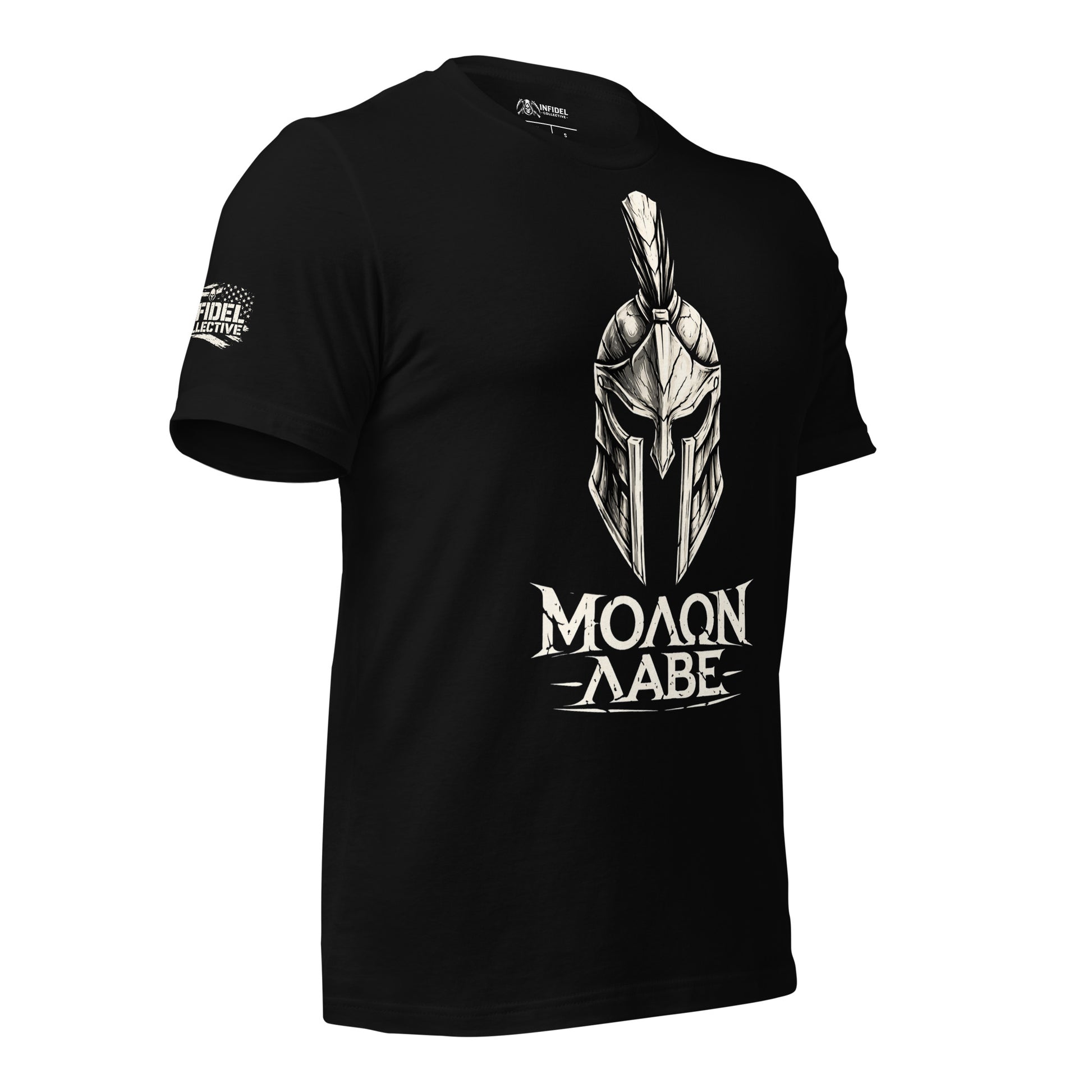 Black t-shirt with Spartan helmet graphic and 'Molon Labe' text on a white background
