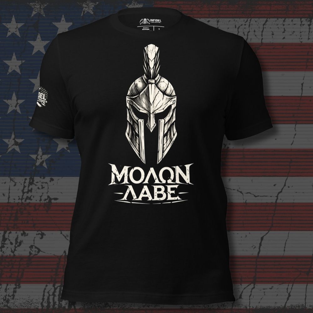 Black t-shirt with Spartan helmet design and 'Molon Labe' text on an American flag background