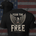 spread-wing bald eagle with shield and Fear the Free text back print black tee from Infidel Collective