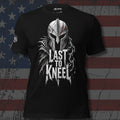 armored Spartan with Last to Kneel text front print black tee from Infidel Collective