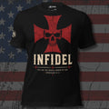 red iron cross and skull with Infidel and Ephesians 6:11 text front print black tee from Infidel Collective