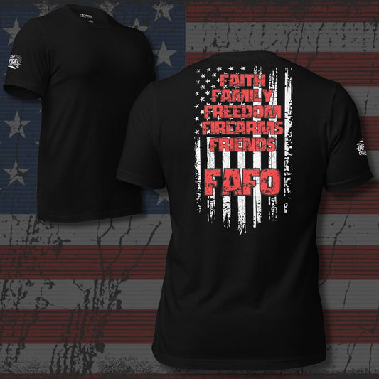 Black t-shirt with text design on a distressed American flag background
